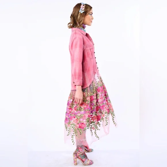 Aratta Pink Floral Embroidered Love Shirt Dress Crystal Button Boho Statement - Picture 5 of 13
